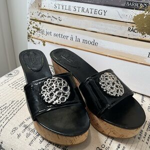 COACH Judith Black Patent Leather Wedge Cork Sandal with Silver Coach Emblem